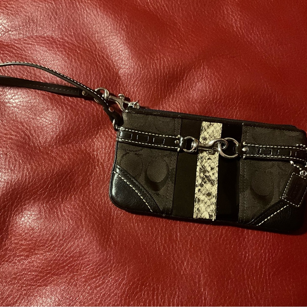 Coach Black and Tan Wristlet with Snakeskin Accent